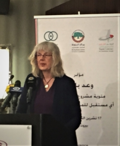 Joyce Chediac speaking at conference in Beirut