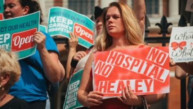 Rally for Carney Hospital outside the Massachusetts State House in Boston, Aug. 28. Liberation Photo: Micah Fong