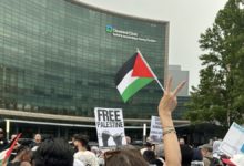 Health care workers in Cleveland march June 5 near the Cleveland Clinic to demand their institutions acknowledge the genocide in Gaza. Liberation photo