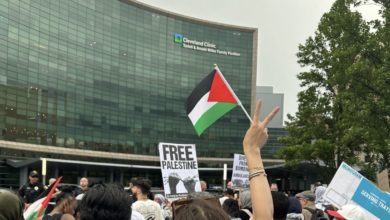 Health care workers in Cleveland march June 5 near the Cleveland Clinic to demand their institutions acknowledge the genocide in Gaza. Liberation photo