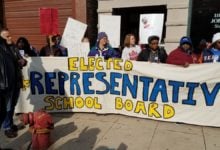 Community activists demonstrating in support of legislation calling for an elected representative school board in Chicago in 2017. Liberation photo