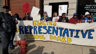 Community activists demonstrating in support of legislation calling for an elected representative school board in Chicago in 2017. Liberation photo