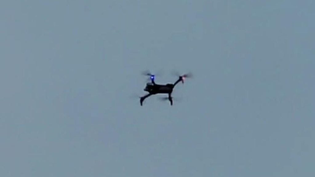 A suspected police drone flying over a pro-Palestine protest in Cleveland on Nov. 24. Liberation photo