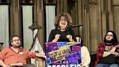 Claudia De La Cruz, Executive Director of IFCO, addresses the People's Agenda on a panel including Jhonathan Gómez of the Chicago Religious Leadership Network on Latin America and Saul Garcia of the Chicago Teachers Union. Liberation photo