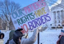 Health care workers protest ICE terror. Liberation photo